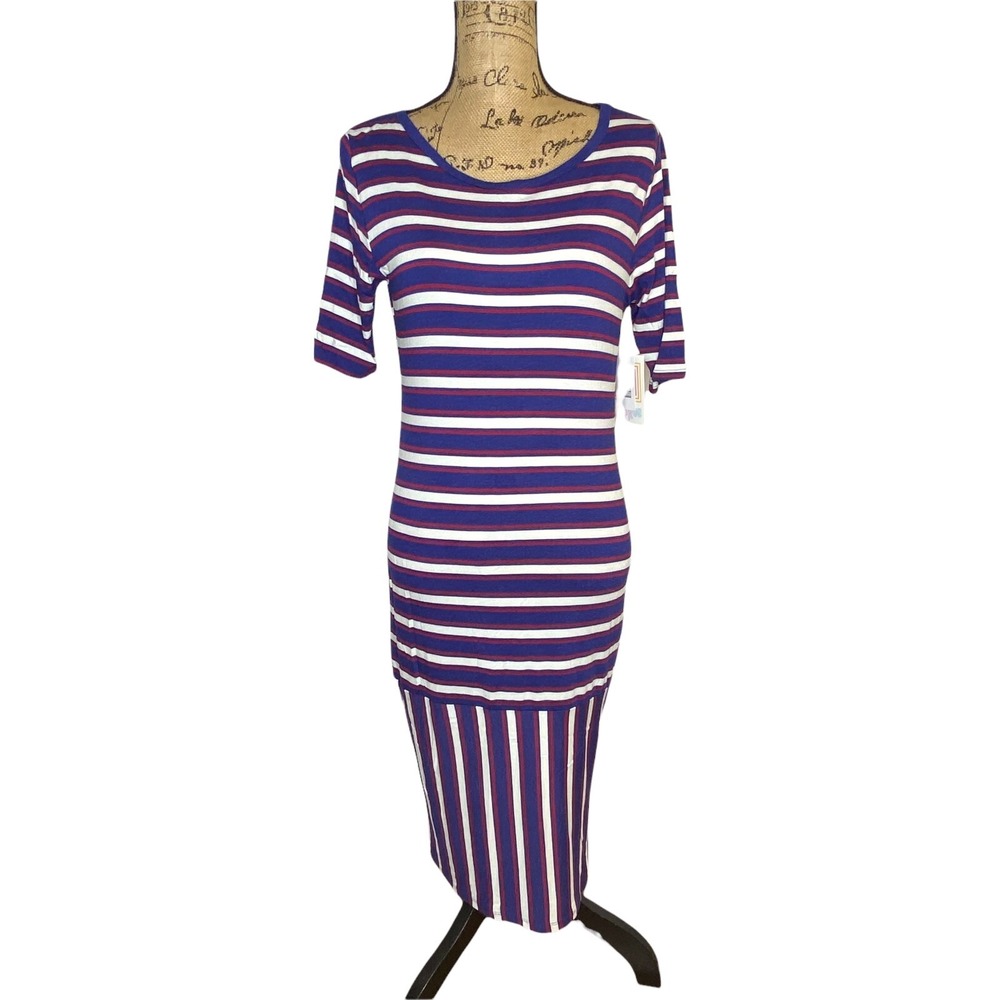 Women's Lularoe Julia Dress Size Medium Blue Stripe Knee‎ Length Stretch (1022)